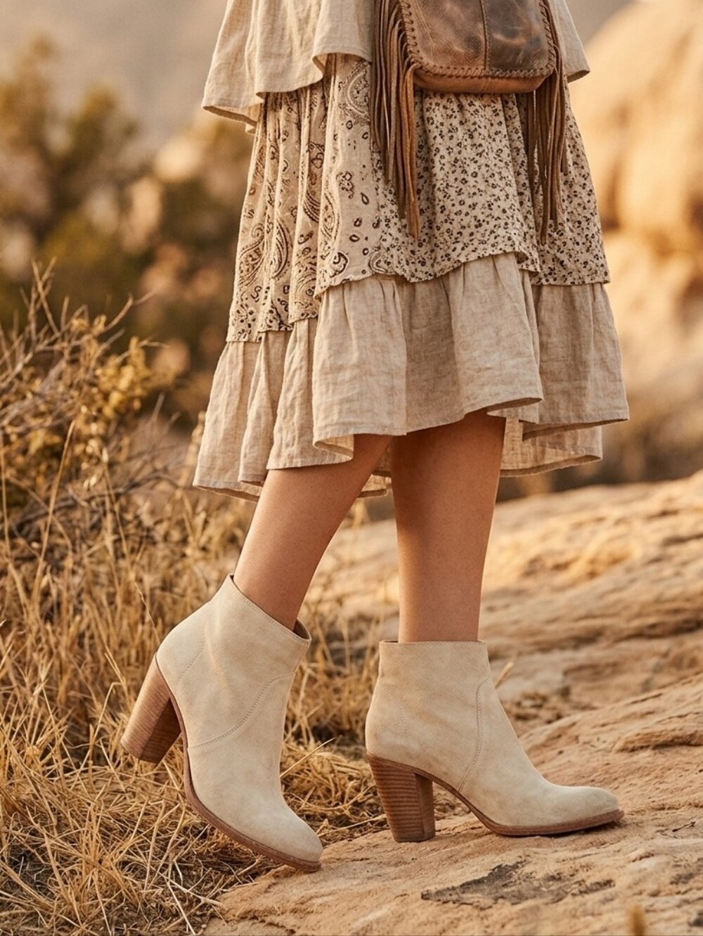 n.d.c. Off White Cream Suede Heeled Ankle Boots Boho Western
